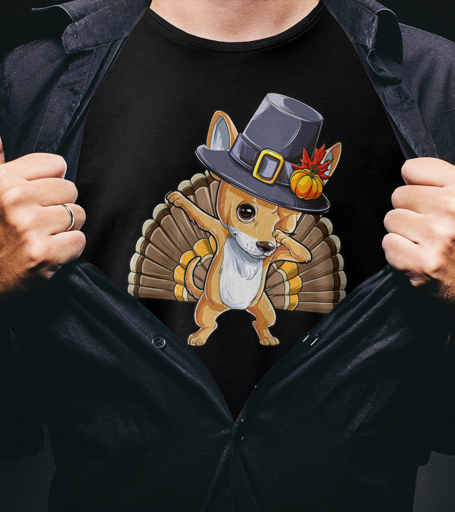 Thanksgiving Dabbing Chihuahua Pilgrim Hat Turkey Feathers T-Shirt