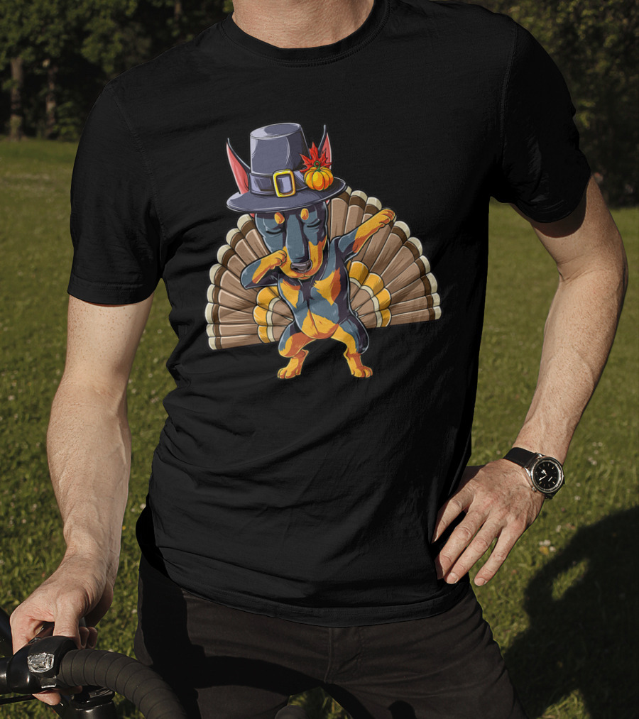 Thanksgiving Dabbing Doberman Pilgrim Hat Turkey Feather Background T-Shirt
