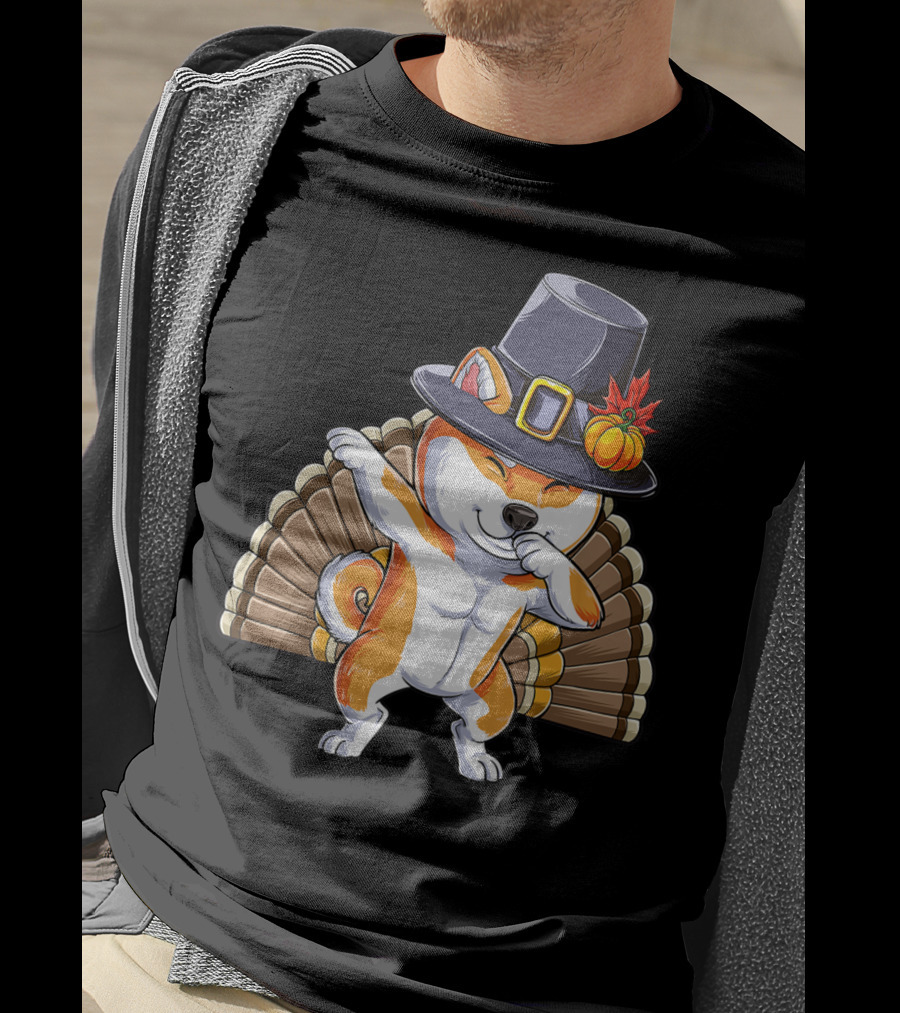 Thanksgiving Dabbing Shiba Inu Pilgrim Hat Turkey Background T-Shirt