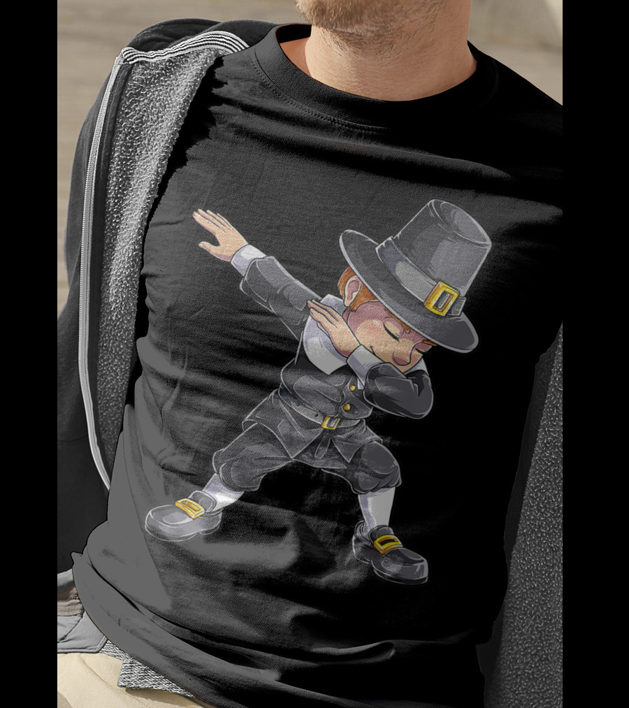 Thanksgiving Pilgrim Dabbing Celebration With Pilgrim Hat And Buckled Shoes T-Shirt
