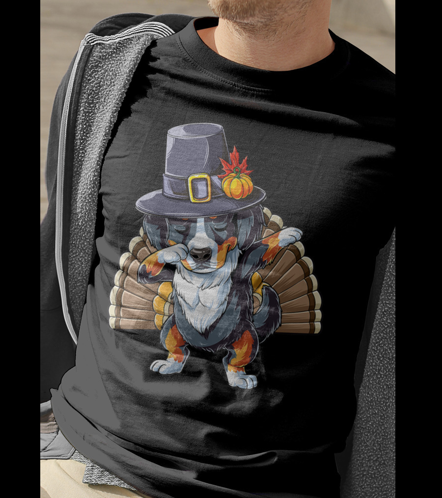 Thanksgiving Dabbing Bernese With Pilgrim Hat And Turkey Tail T-Shirt