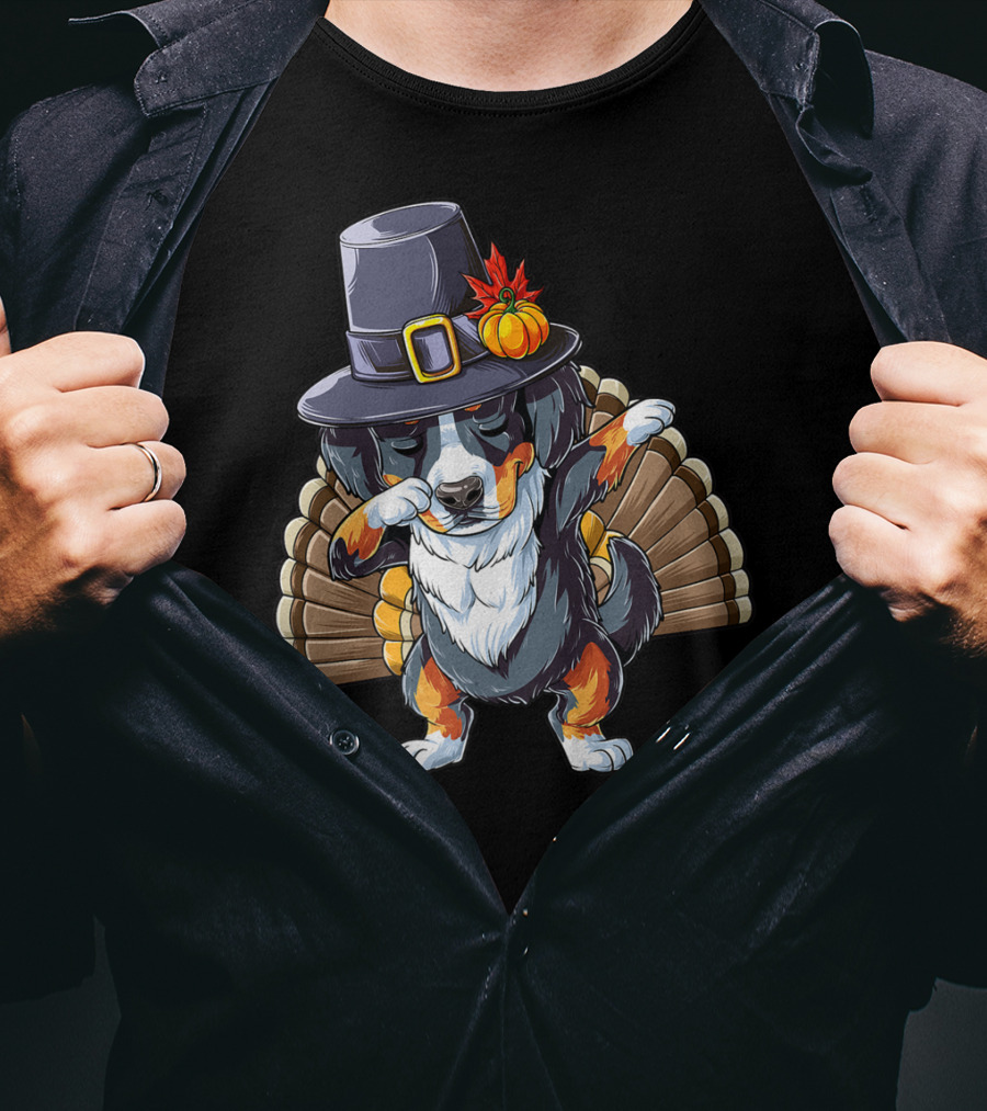 Thanksgiving Dabbing Bernese With Pilgrim Hat And Turkey Tail T-Shirt