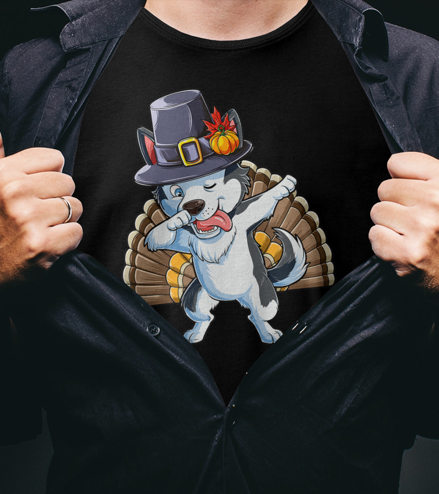 Thanksgiving Kids Dabbing Siberian Husky With Pilgrim Hat And Turkey Tail T-Shirt