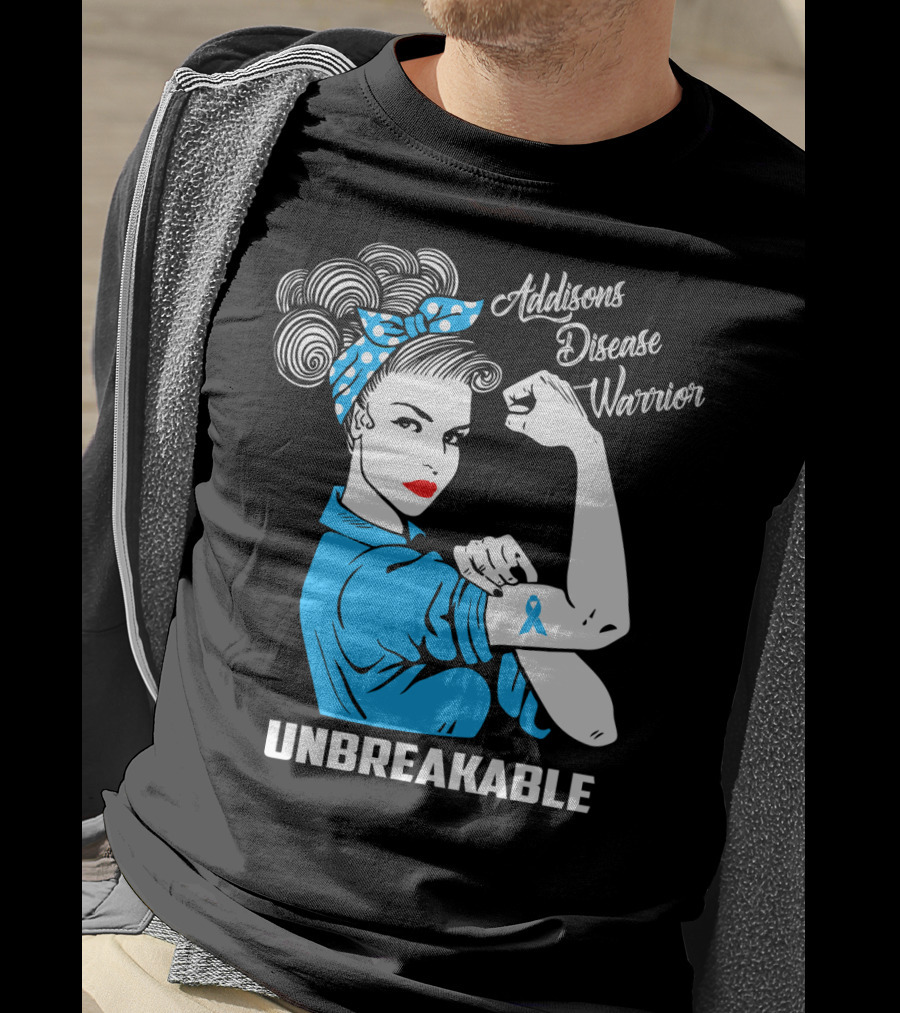 Addisons Disease Warrior Unbreakable Awareness Woman With Ribbon T-Shirt