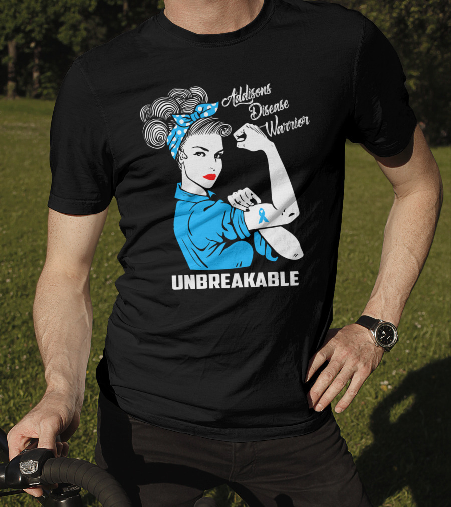 Addisons Disease Warrior Unbreakable Awareness Woman With Ribbon T-Shirt