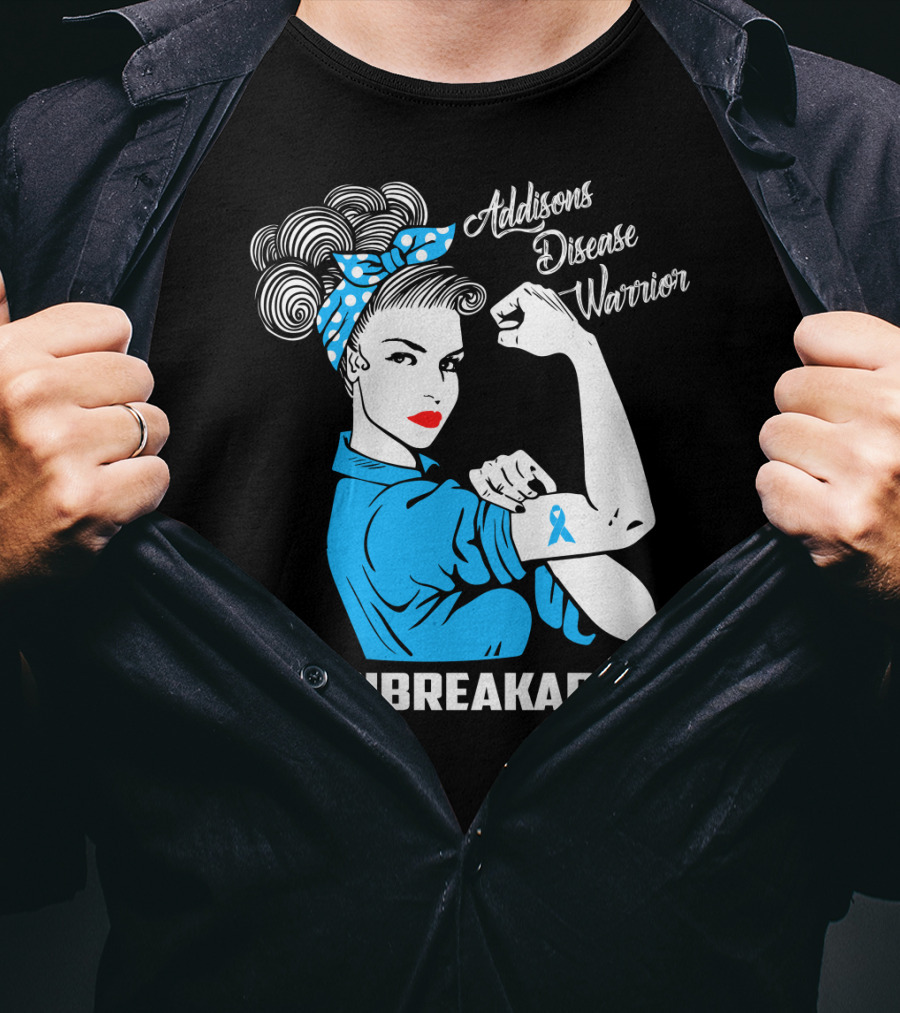 Addisons Disease Warrior Unbreakable Awareness Woman With Ribbon T-Shirt