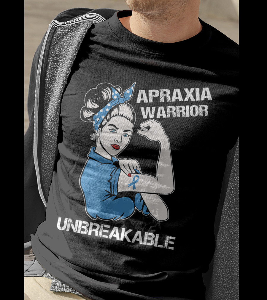 Apraxia Warrior Unbreakable Rosie Riveter Blue Awareness T-Shirt