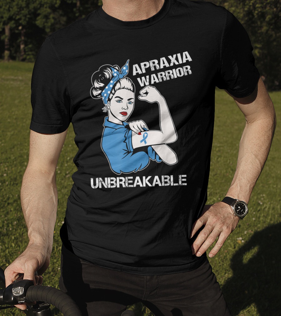 Apraxia Warrior Unbreakable Rosie Riveter Blue Awareness T-Shirt