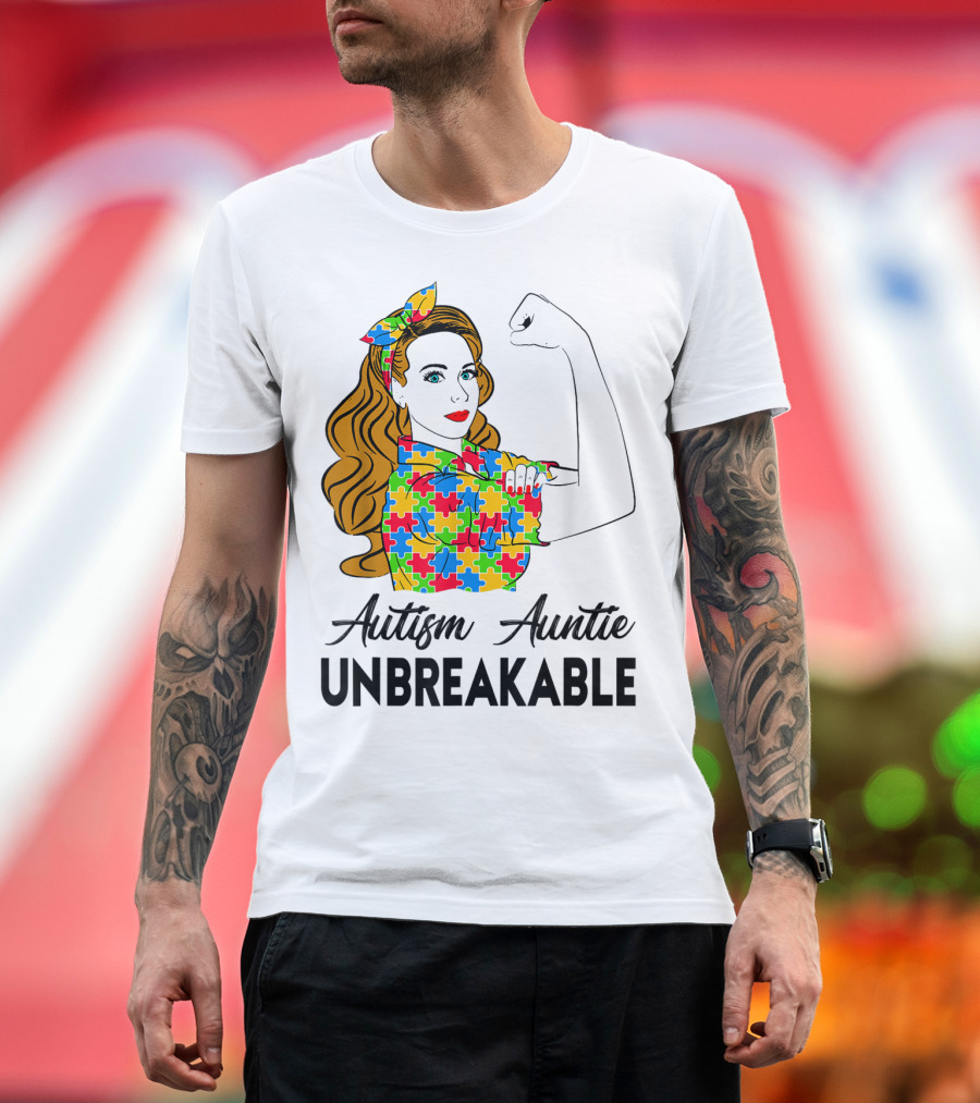 Unbreakable Auntie Autism Awareness Puzzle Colors Rosie the Riveter T-Shirt