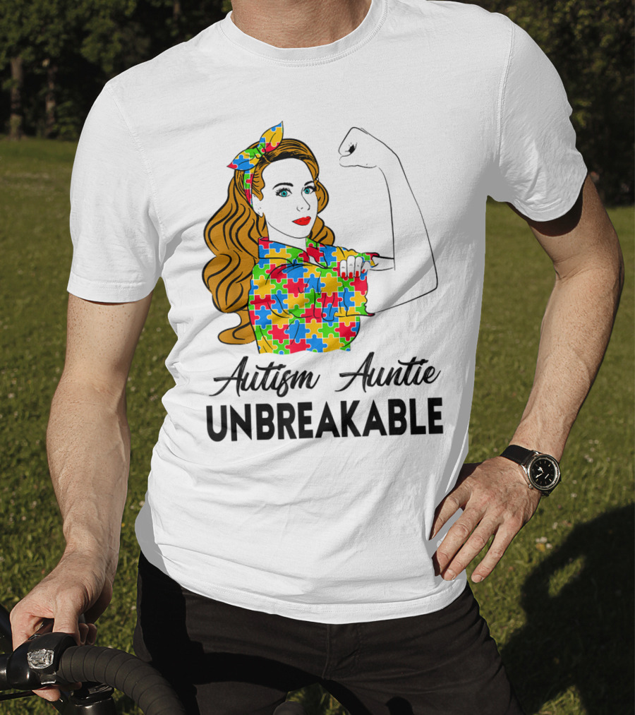 Unbreakable Auntie Autism Awareness Puzzle Colors Rosie The Riveter T-Shirt