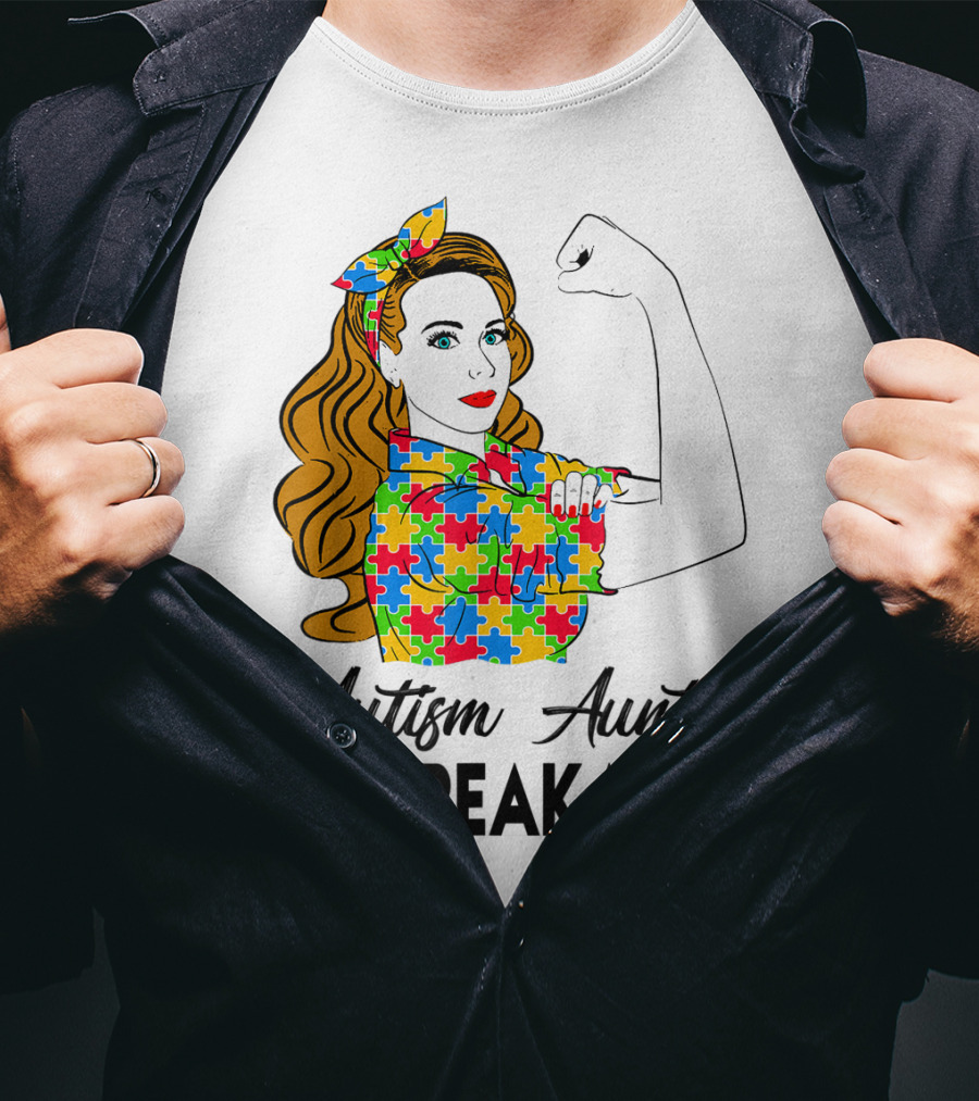 Unbreakable Auntie Autism Awareness Puzzle Colors Rosie The Riveter T-Shirt
