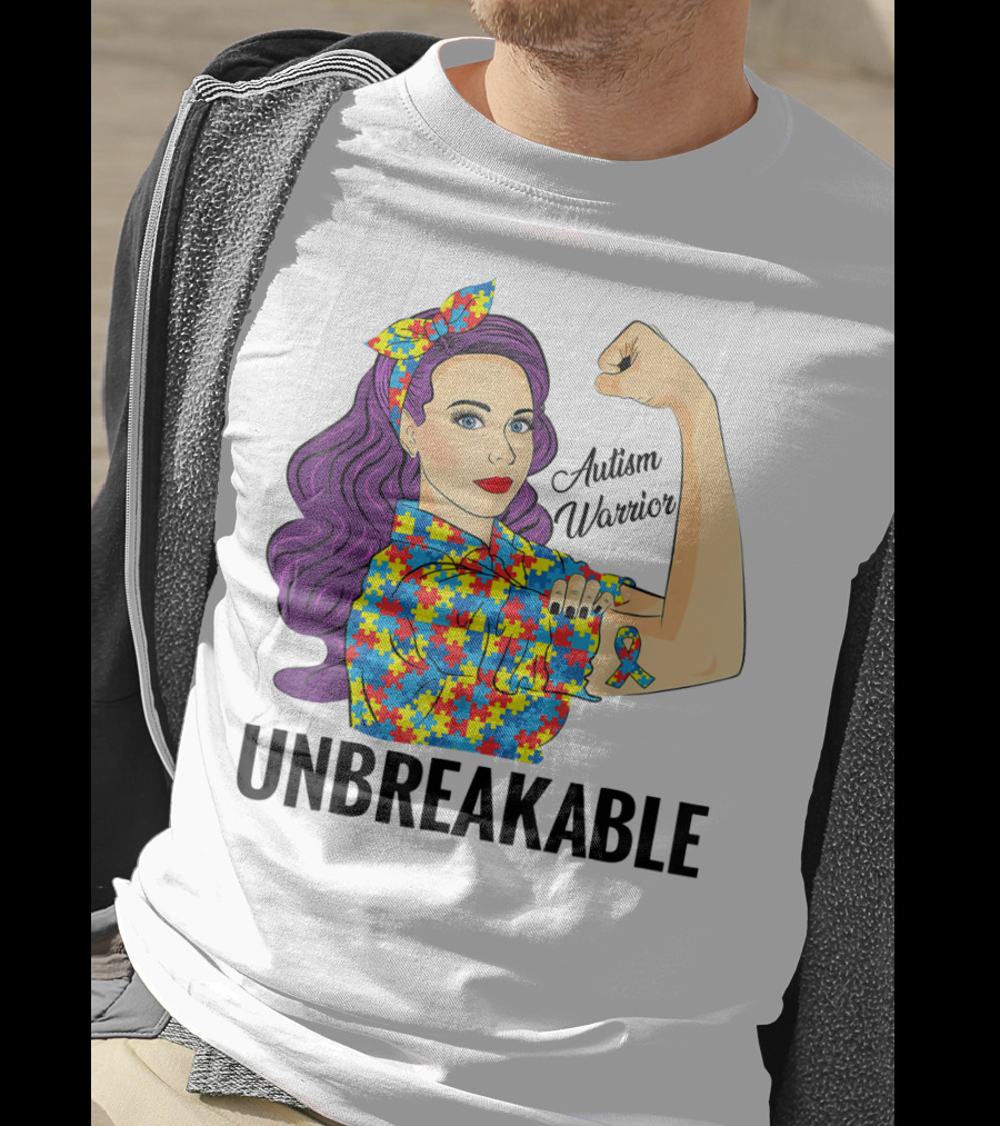 Autism Awareness Warrior Unbreakable Puzzle Ribbon Rosie The Riveter T-Shirt