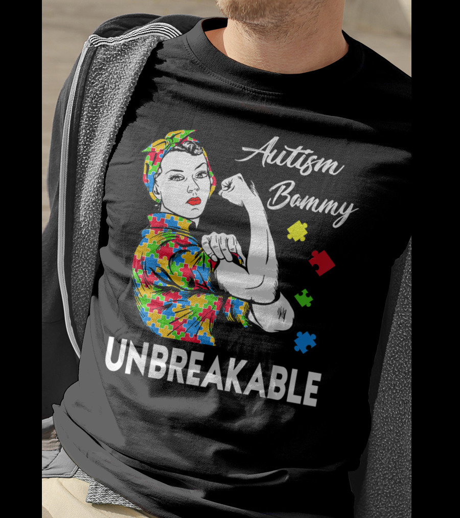 Autism Bammy Unbreakable Awareness Puzzle Piece Rosie The Riveter T-Shirt