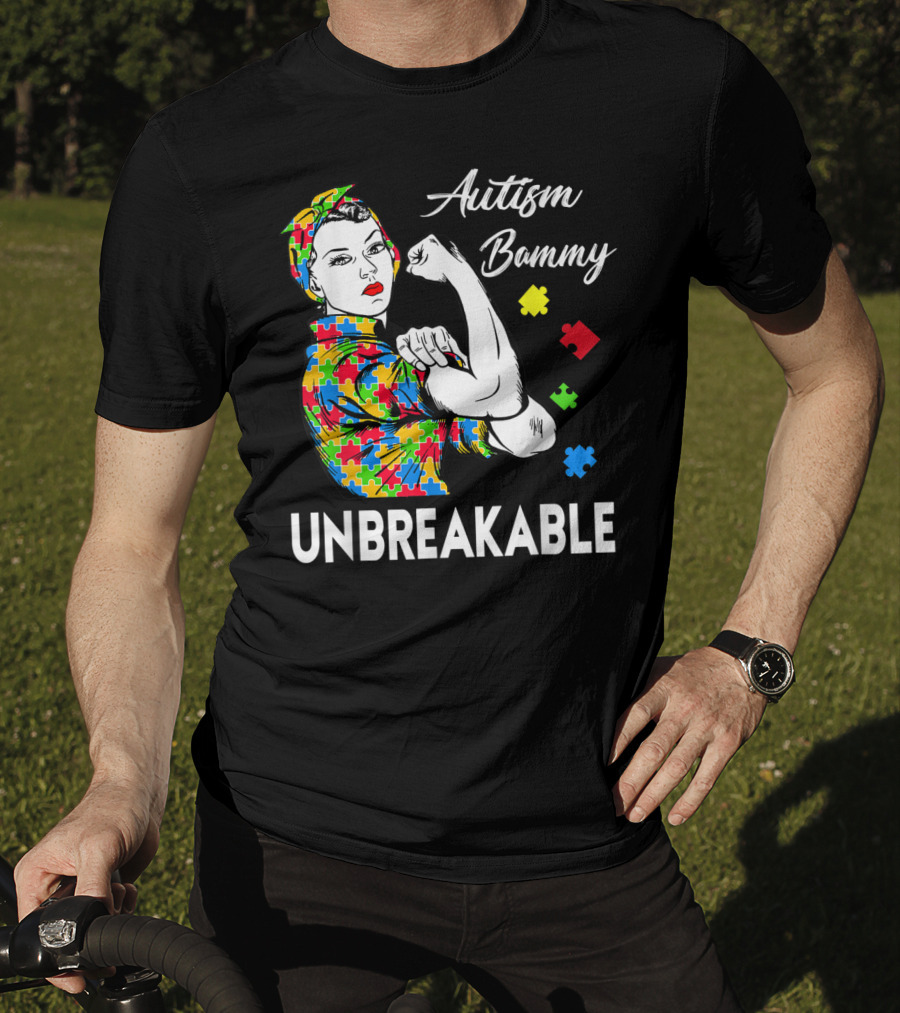 Autism Bammy Unbreakable Awareness Puzzle Piece Rosie The Riveter T-Shirt
