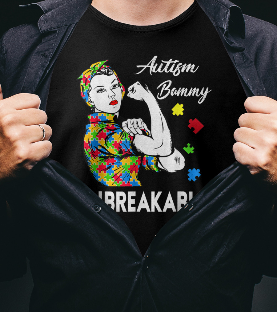 Autism Bammy Unbreakable Awareness Puzzle Piece Rosie The Riveter T-Shirt
