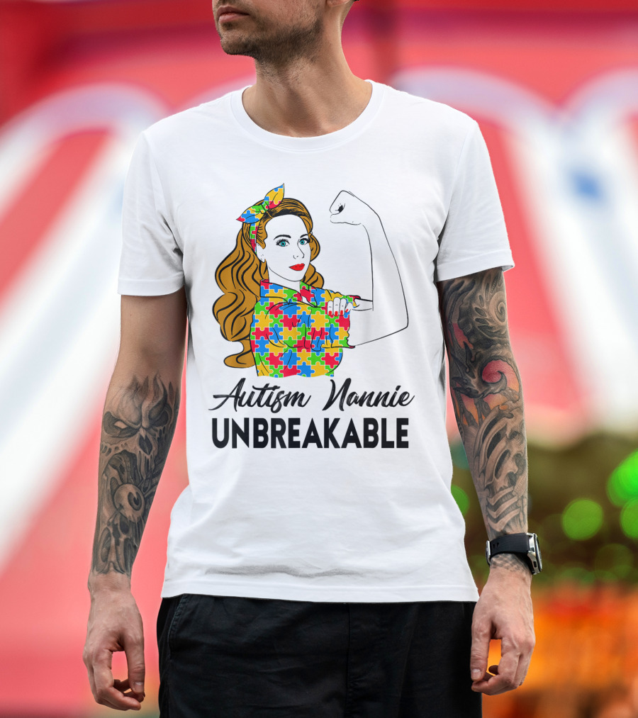 Unbreakable Autism Nannie Puzzle Pattern Awareness T-Shirt