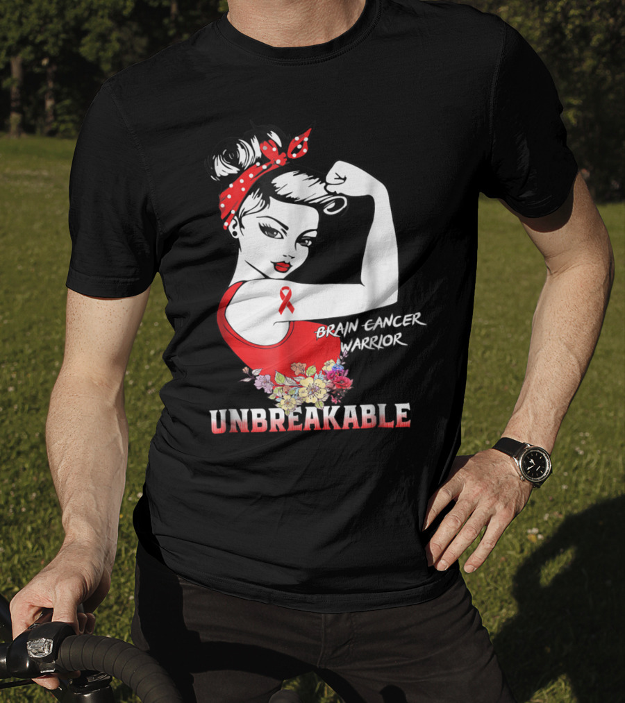 Unbreakable Brain Cancer Warrior With Awareness Ribbon And Floral Accents T-Shirt