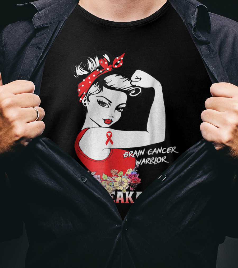 Unbreakable Brain Cancer Warrior With Awareness Ribbon And Floral Accents T-Shirt