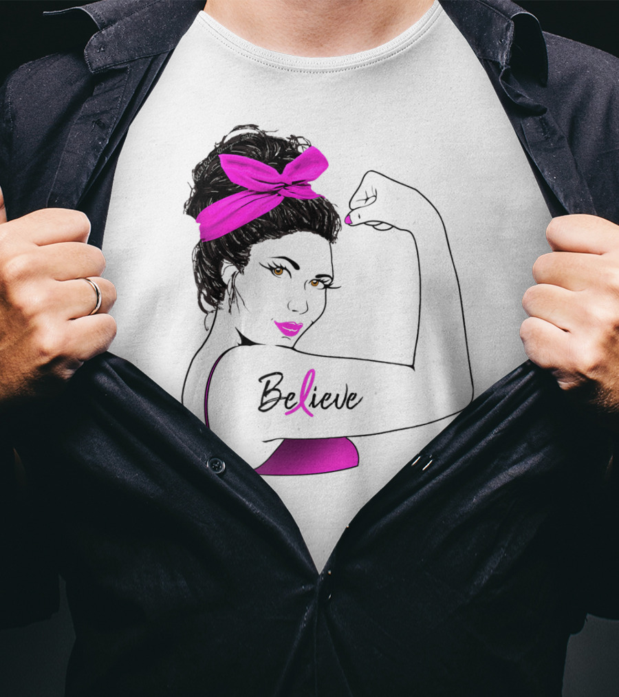 Breast Cancer Believe Unbreakable Rosie Pink Ribbon Power T-Shirt