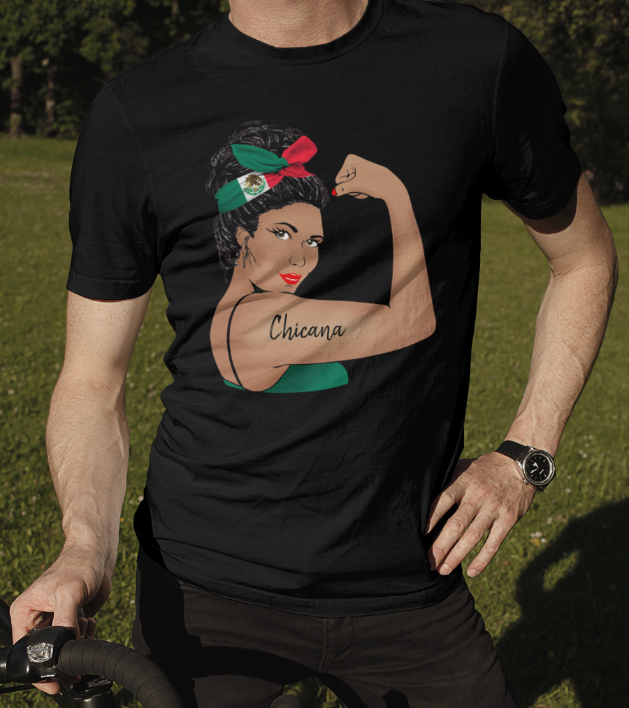 Chicana Girl Flexing With Mexican Flag Hair Wrap Unbreakable Strong T-Shirt