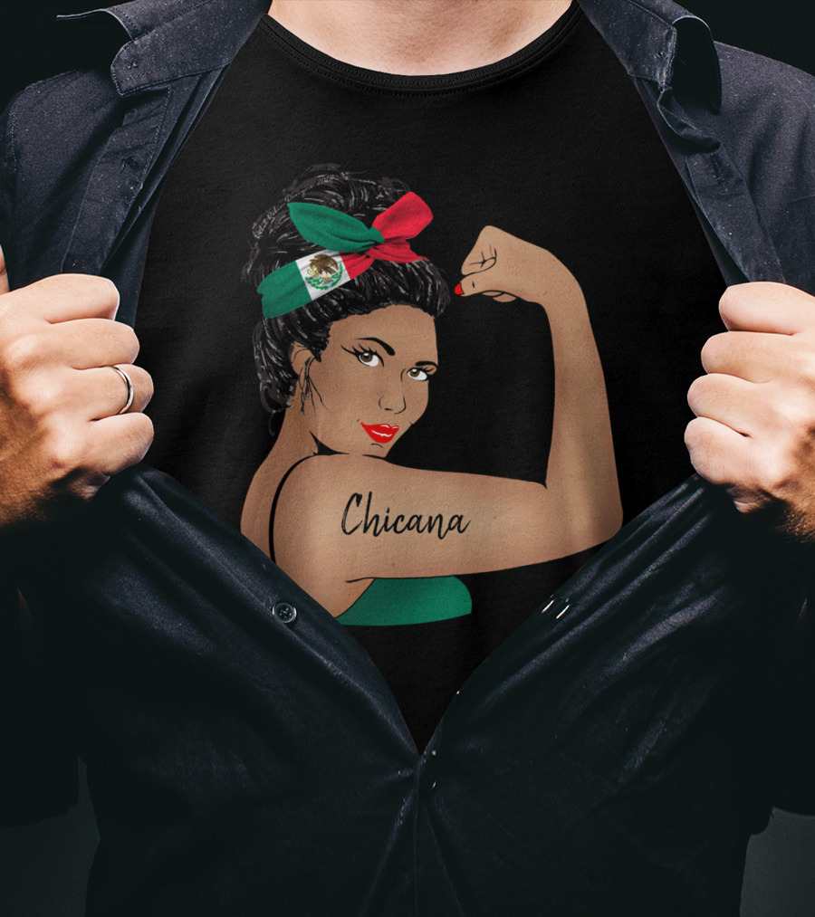 Chicana Girl Flexing With Mexican Flag Hair Wrap Unbreakable Strong T-Shirt