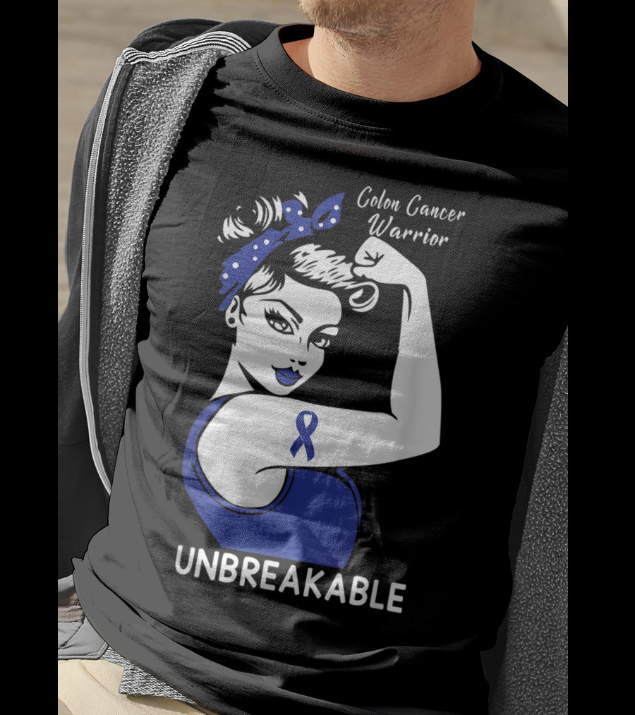 Colon Cancer Warrior Unbreakable Strength Ribbon Rosie The Riveter Inspired T-Shirt
