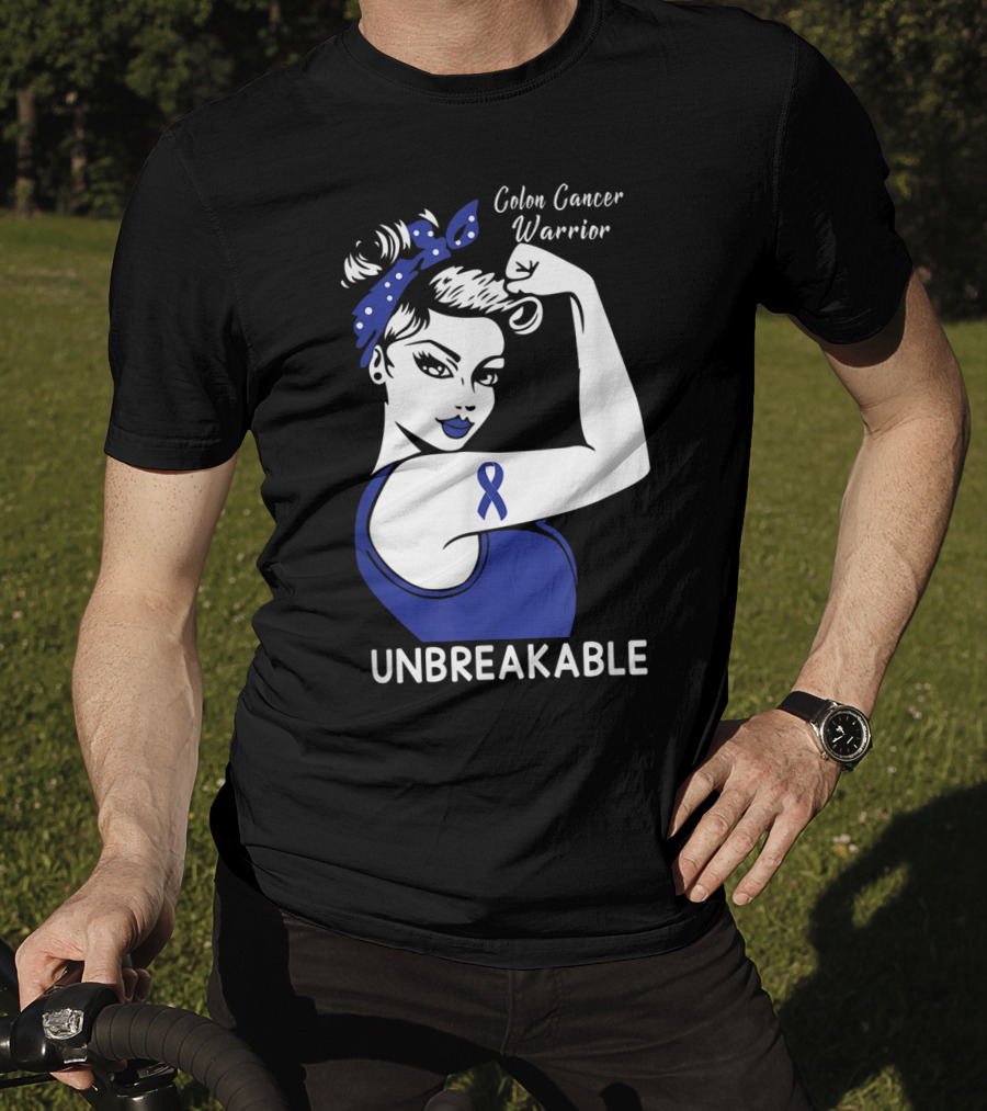 Colon Cancer Warrior Unbreakable Strength Ribbon Rosie The Riveter Inspired T-Shirt