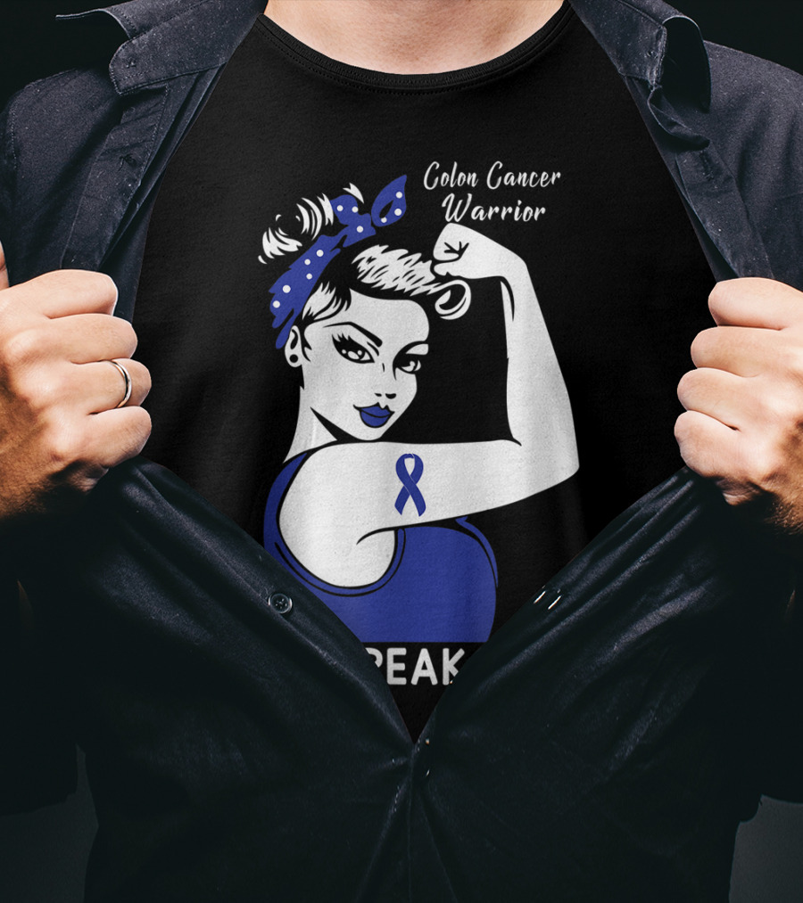 Colon Cancer Warrior Unbreakable Strength Ribbon Rosie The Riveter Inspired T-Shirt