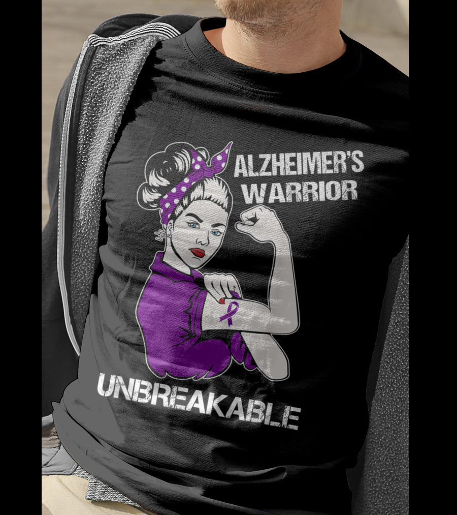 Alzheimer's Warrior Unbreakable Rosie The Riveter Style Purple Awareness T-Shirt