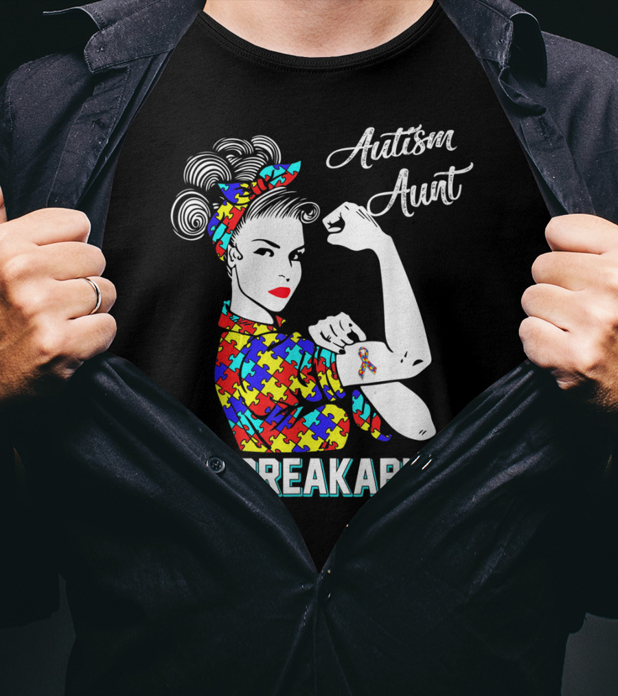 Autism Aunt Unbreakable Rosie The Riveter Puzzle Ribbon Awareness T-Shirt