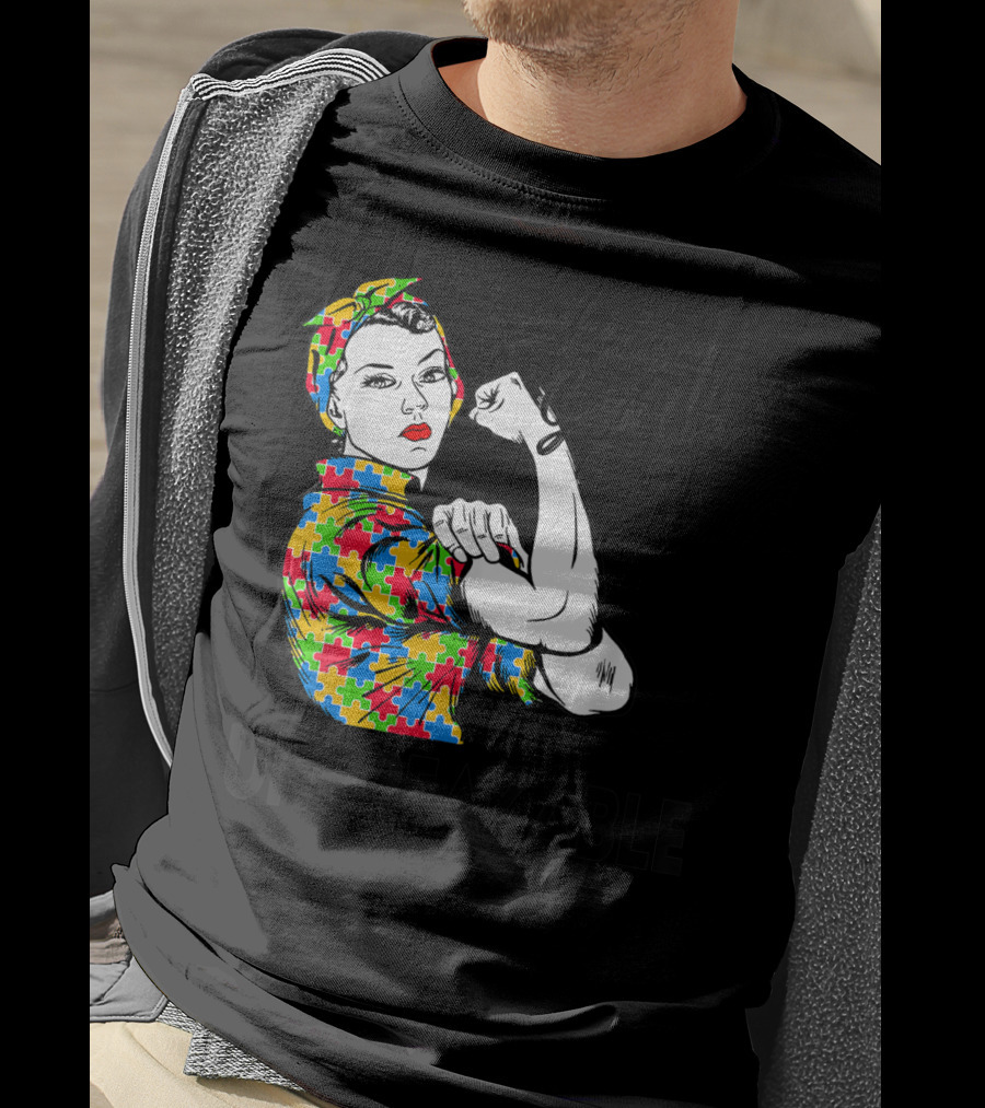 Autism Gam Gam Unbreakable Autism Awareness Puzzle Piece Rosie Flexing T-Shirt