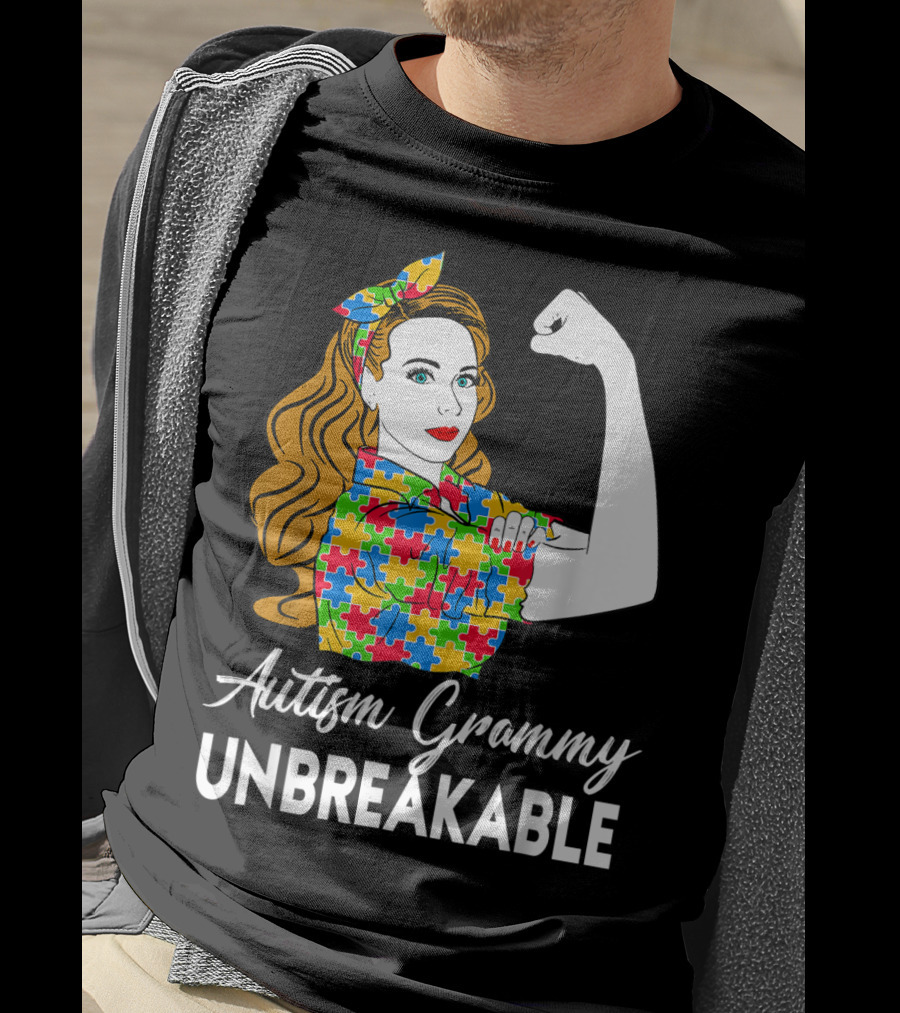 Autism Grammy Unbreakable Rosie Riveter Puzzle Piece Awareness T-Shirt