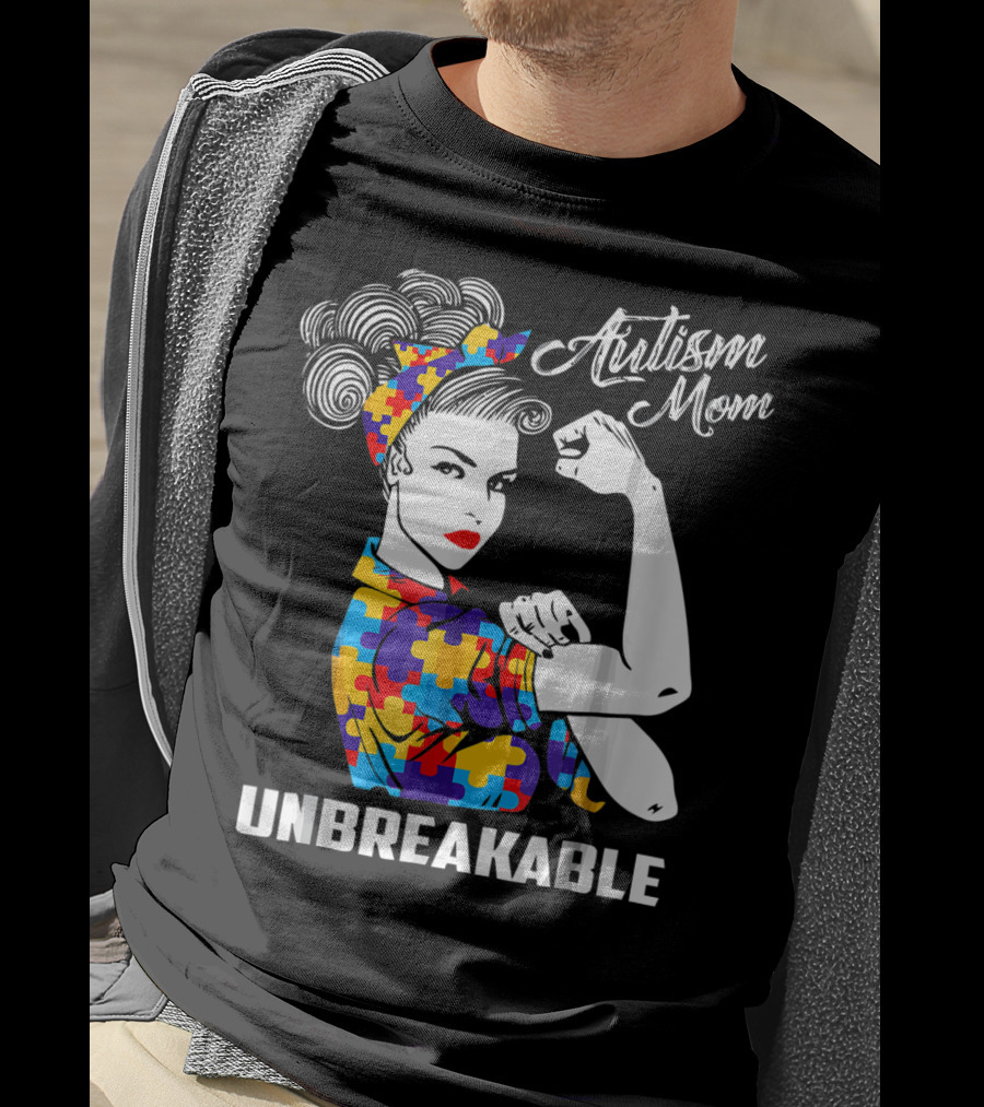 Autism Mom Unbreakable Autism Awareness Rosie The Riveter Puzzle T-Shirt
