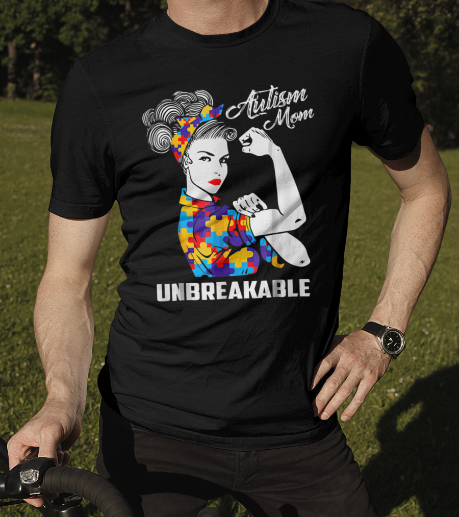 Autism Mom Unbreakable Autism Awareness Rosie The Riveter Puzzle T-Shirt