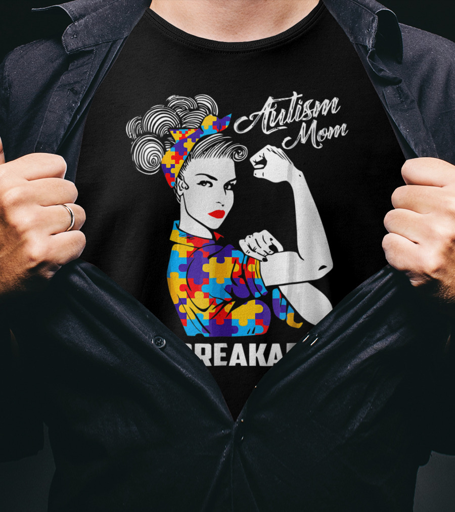 Autism Mom Unbreakable Autism Awareness Rosie The Riveter Puzzle T-Shirt