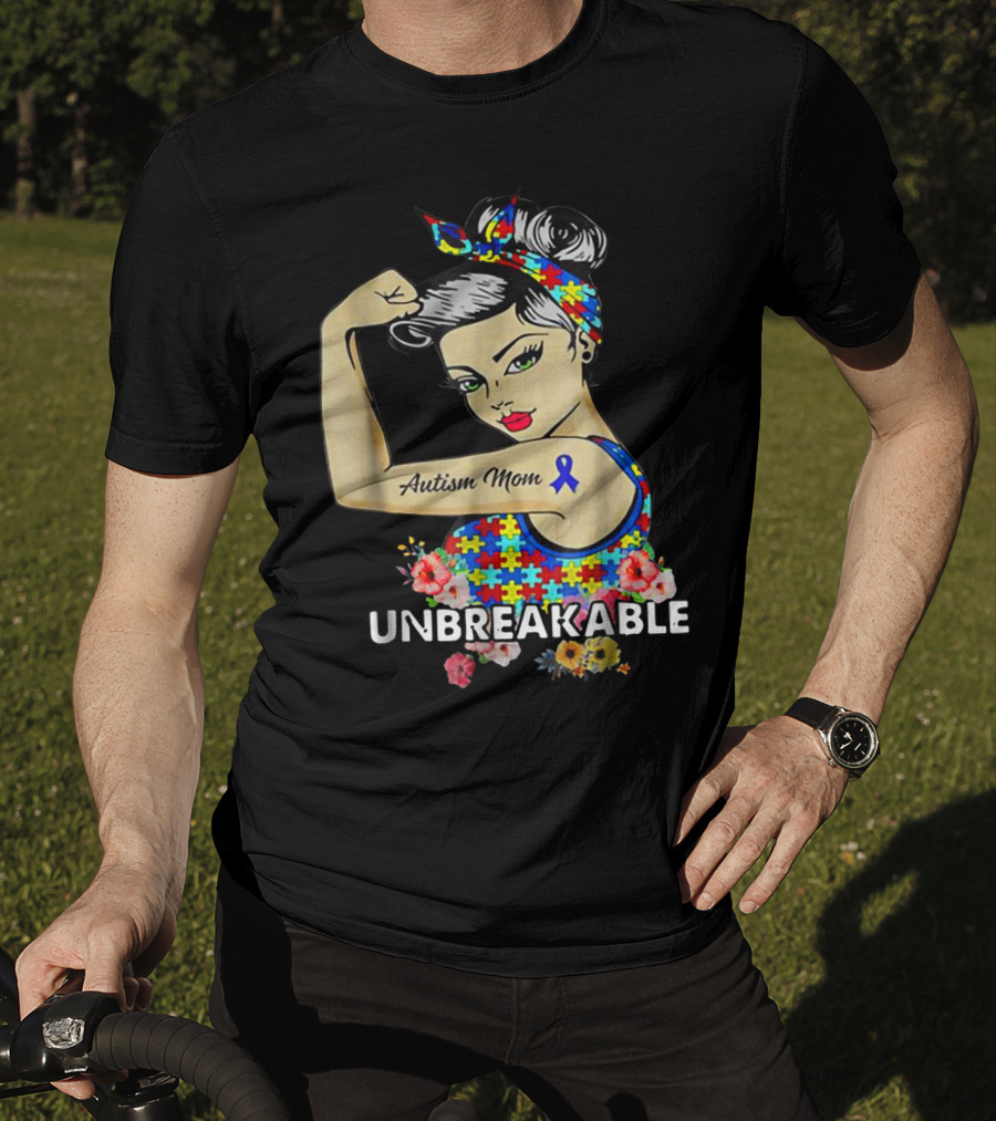 Unbreakable Autism Mom Awareness Month Puzzle Ribbon Flowers T-Shirt