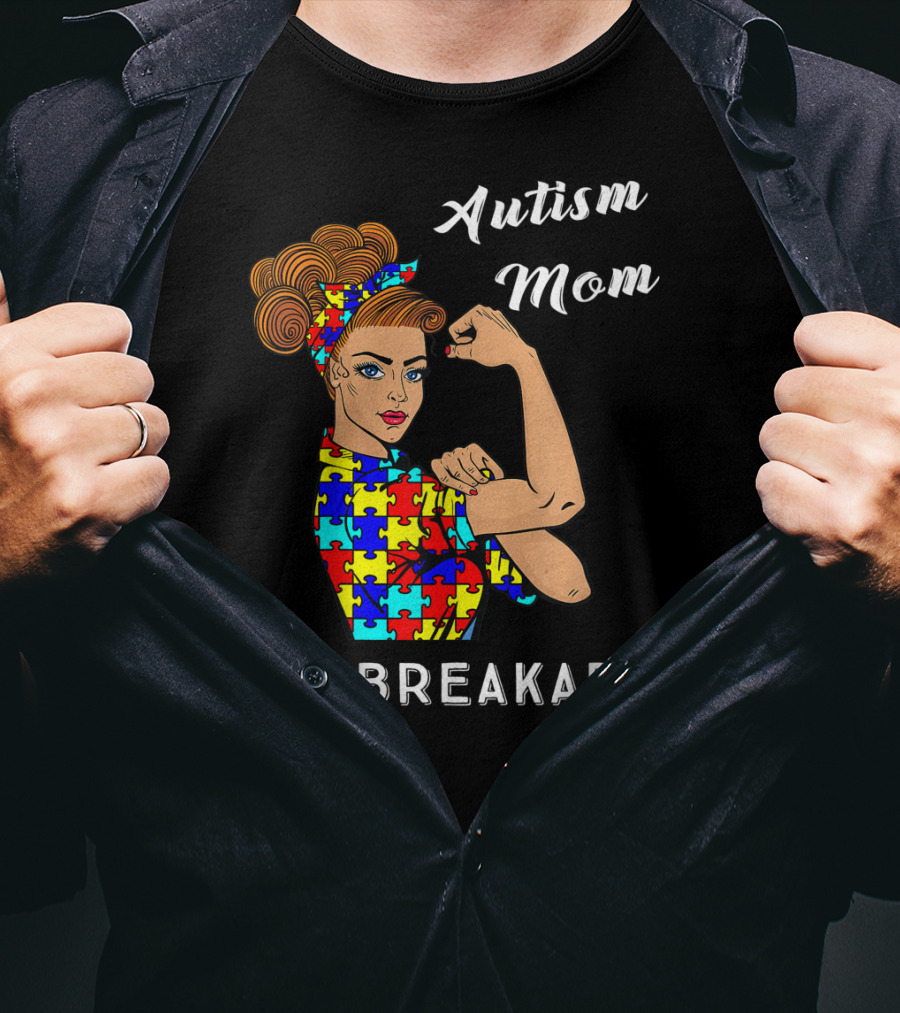 Autism Mom Unbreakable Awareness Puzzle Pattern Rosie The Riveter T-Shirt