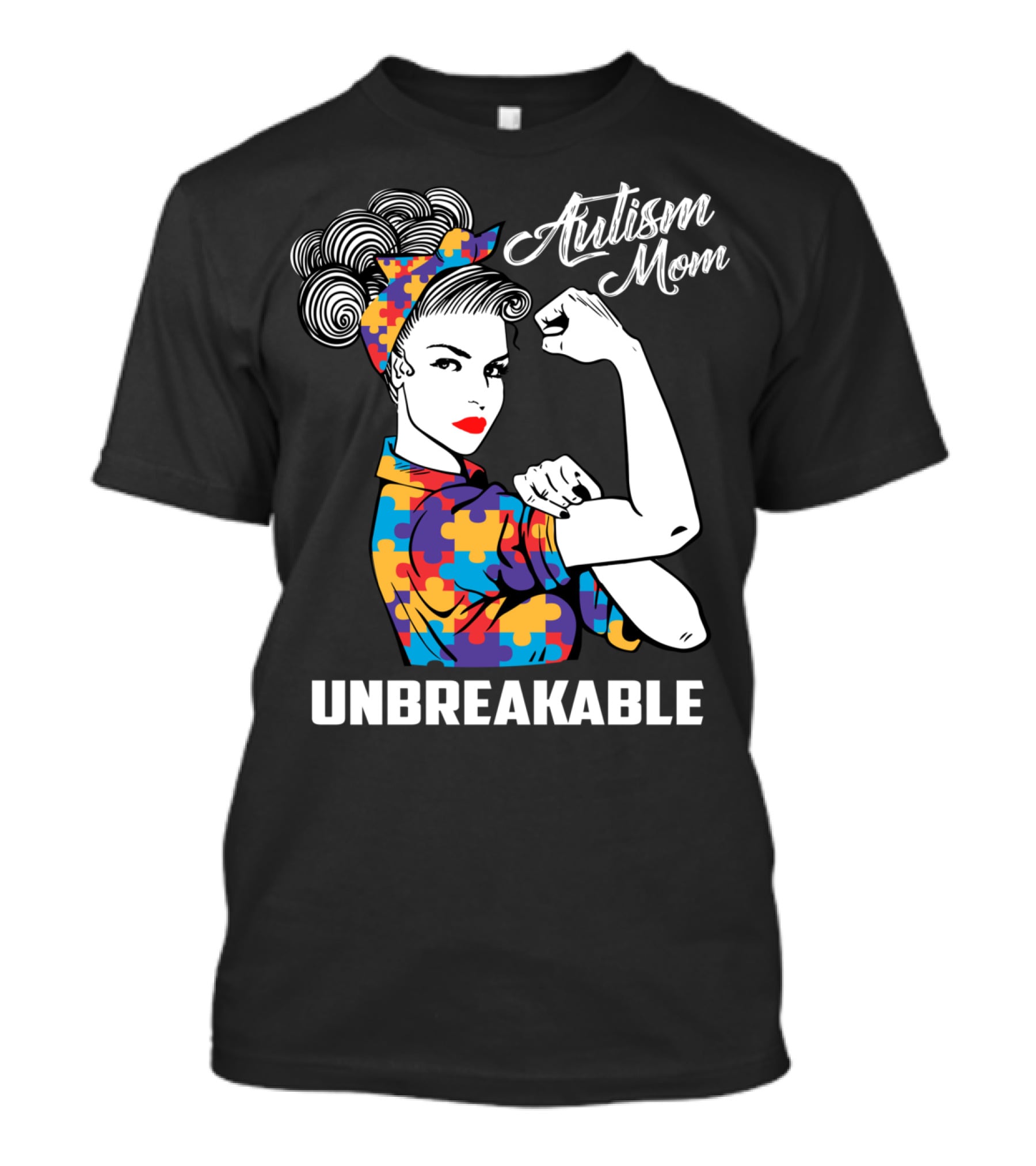 Autism Mom Unbreakable Mama Autism Puzzle Pattern Iconic Rosie Riveter T-Shirt