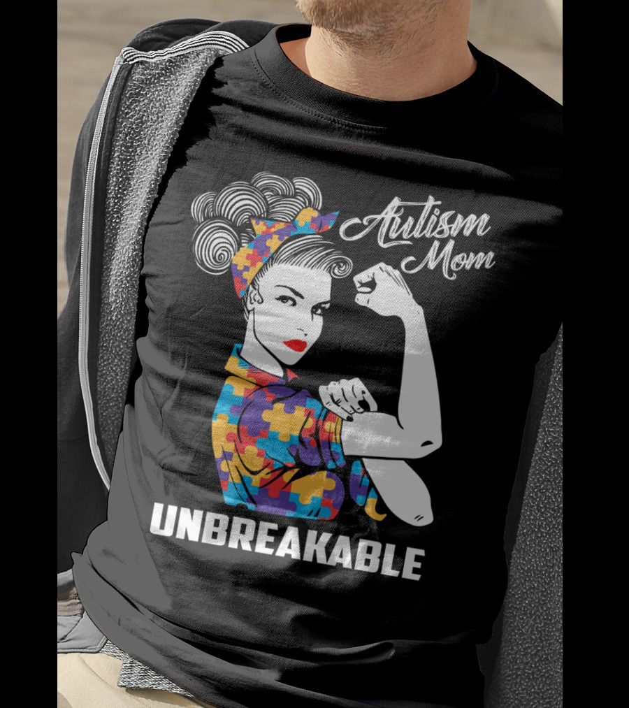 Autism Mom Unbreakable Mama Autism Puzzle Pattern Iconic Rosie Riveter T-Shirt