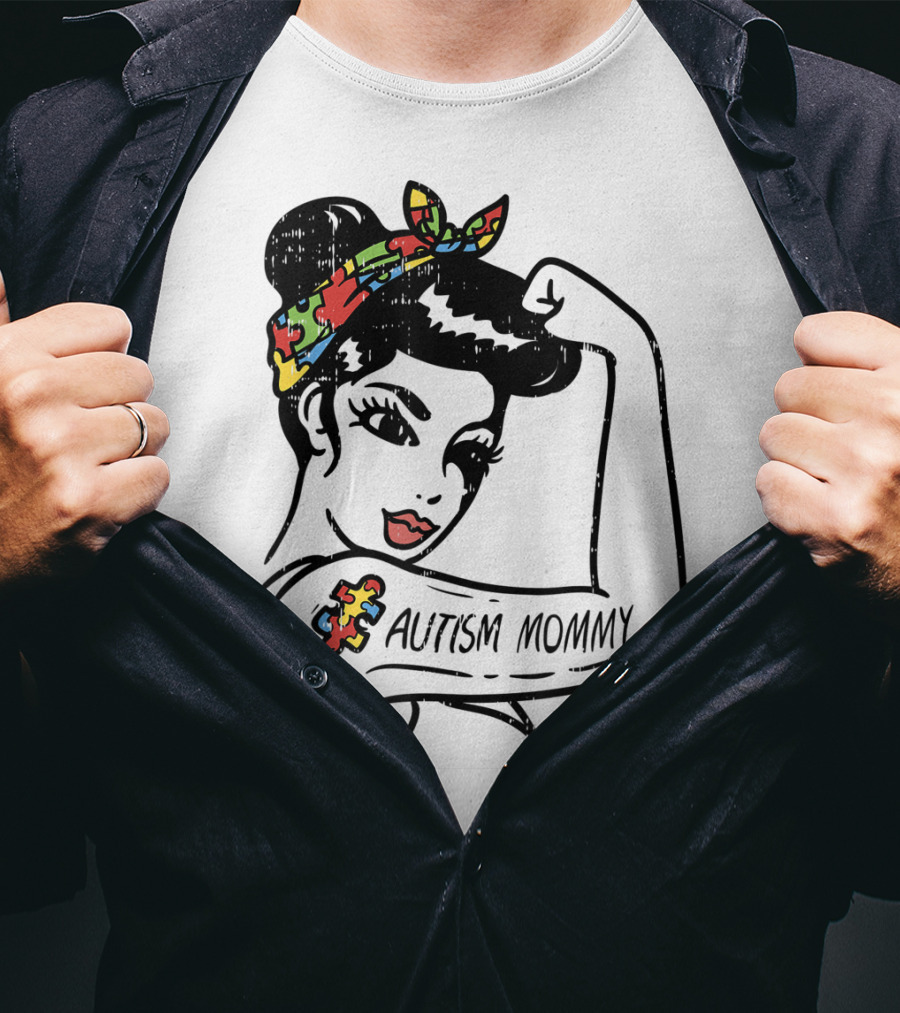 Autism Mommy Unbreakable Autistic Awareness Puzzle Bandana Rosie Pose T-Shirt