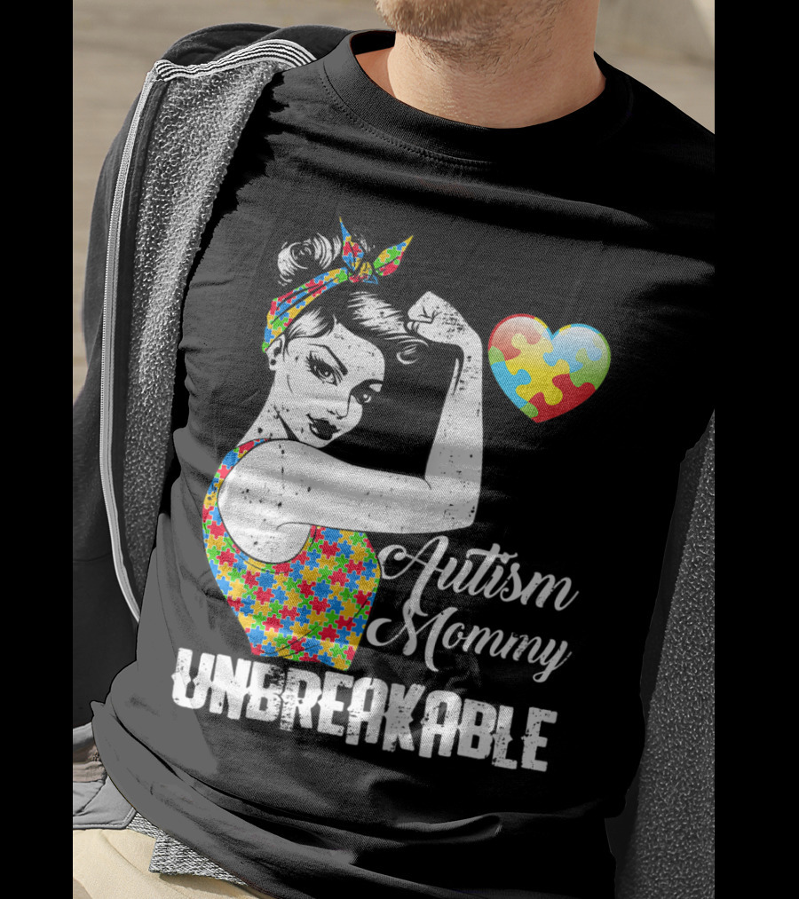 Autism Mommy Unbreakable Puzzle Heart Rosie The Riveter T-Shirt