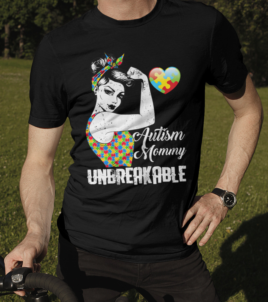Autism Mommy Unbreakable Puzzle Heart Rosie The Riveter T-Shirt