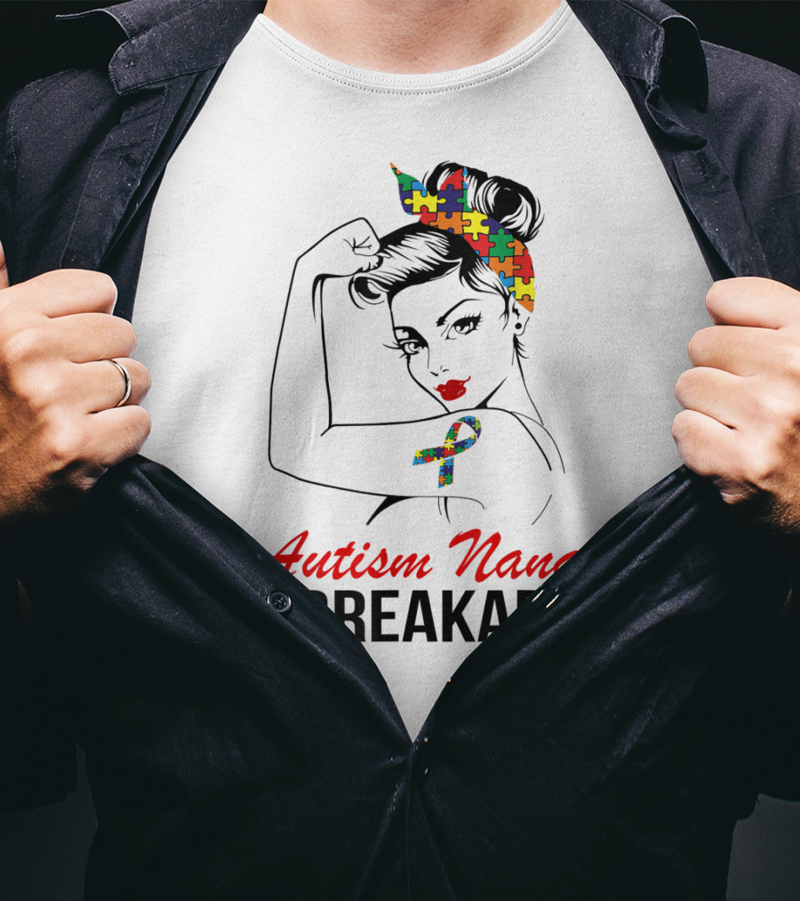 Autism Nana Unbreakable With Puzzle Ribbon And Rosie The Riveter T-Shirt