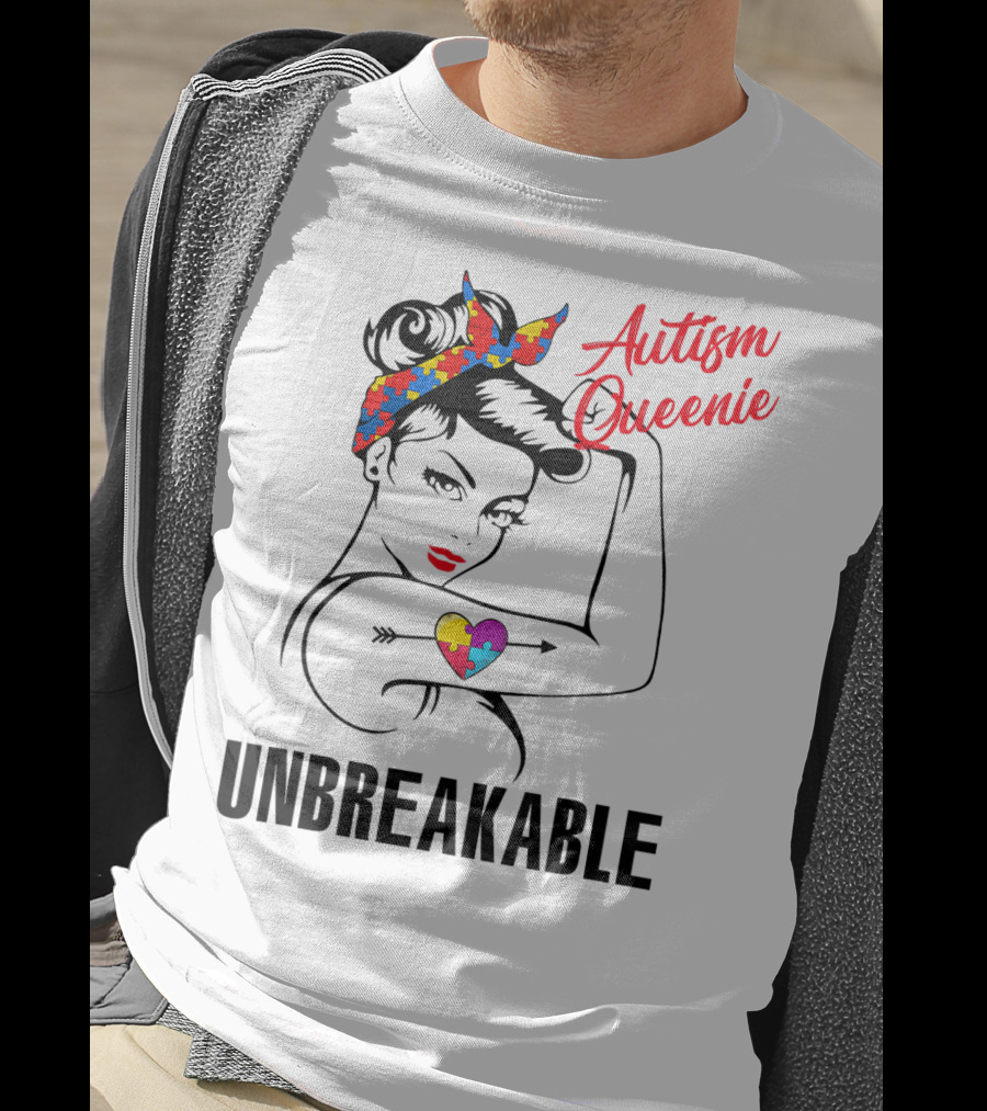 Autism Queenie Unbreakable With Puzzle Heart And Headscarf T-Shirt