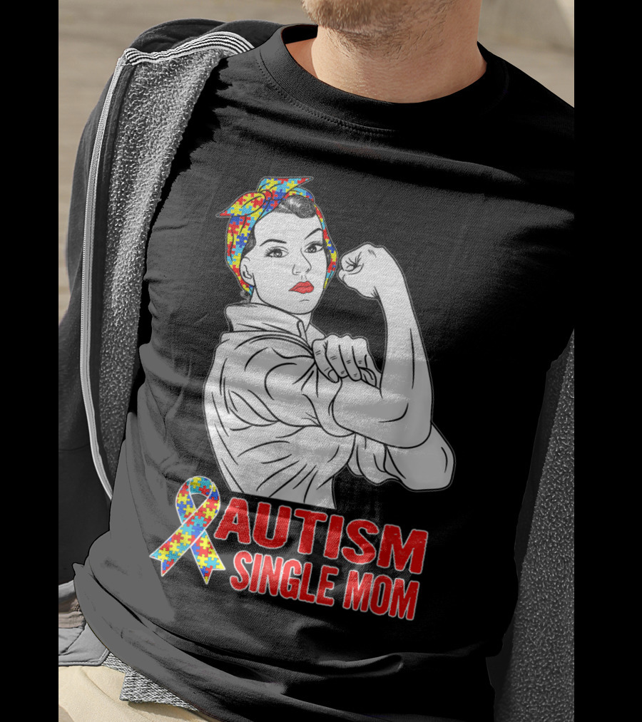 Autism Single Mom Unbreakable Awareness Rosie The Riveter Puzzle T-Shirt