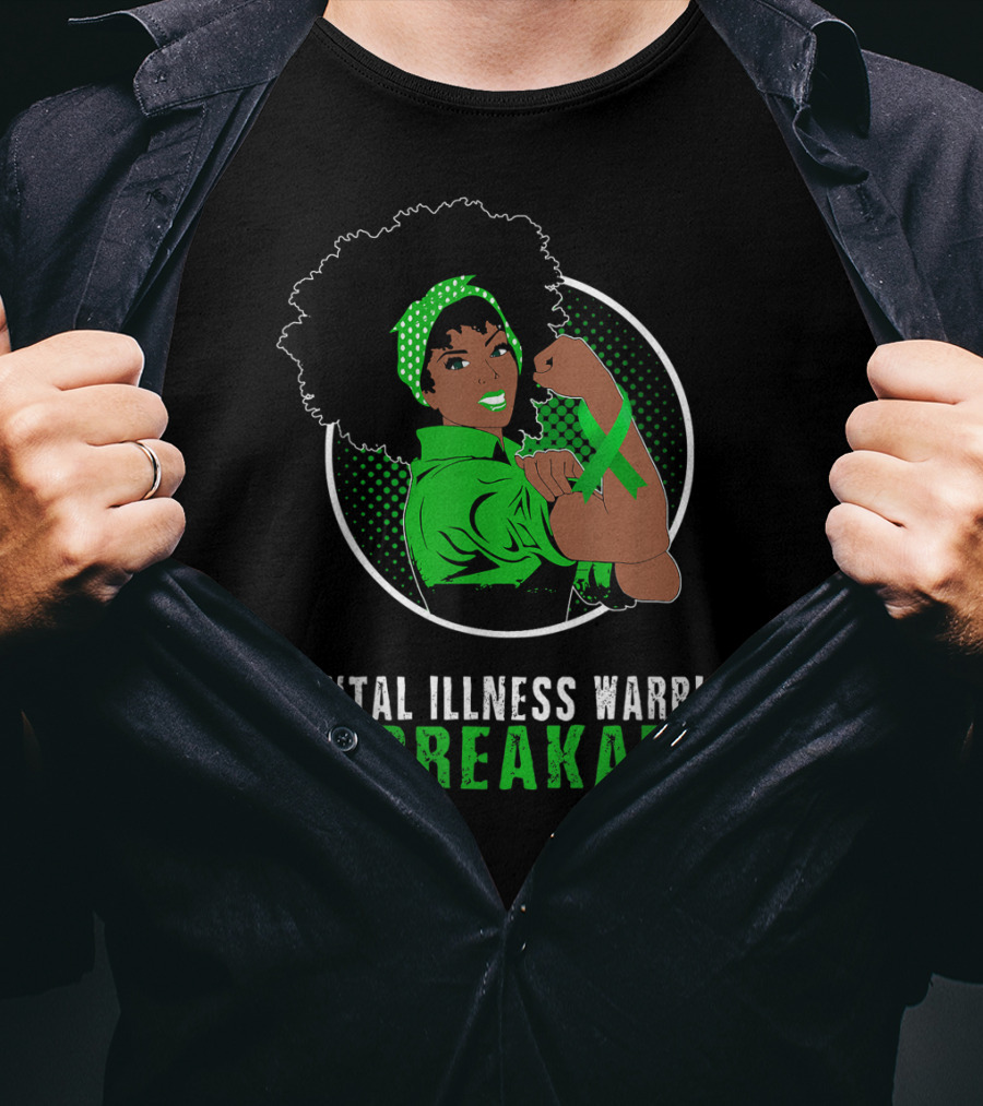 Mental Illness Warrior Unbreakable Empowerment Image With Afro And Green T-Shirt