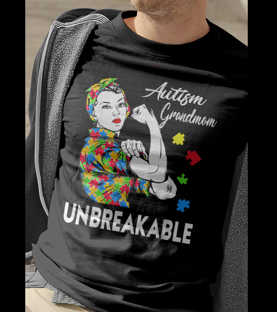 Unbreakable Autism Grandmom Autism Awareness Puzzle Pieces T-Shirt