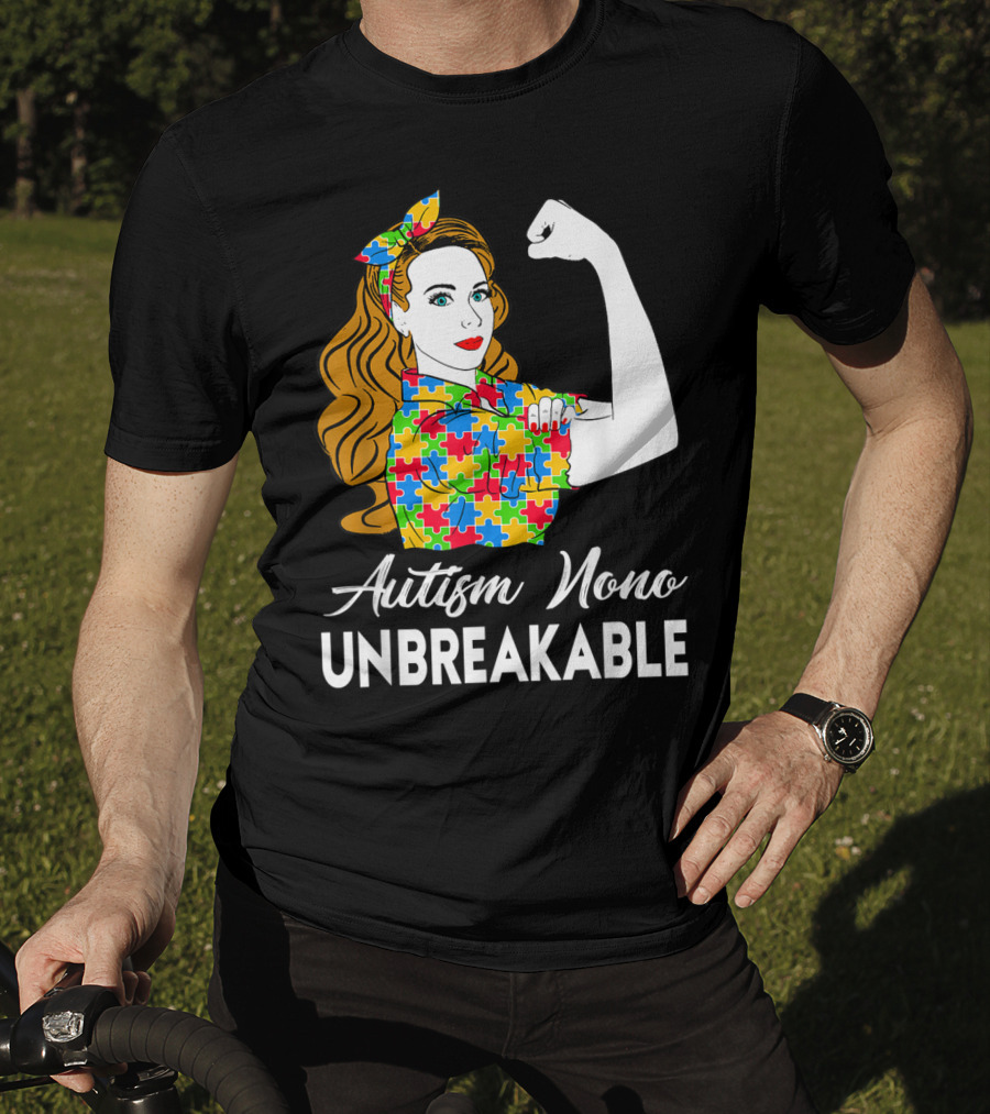 Autism Nono Unbreakable Autism Awareness Puzzle Pattern Rosie The Riveter T-Shirt