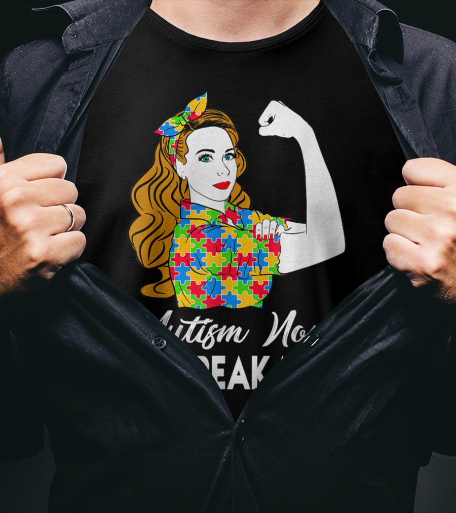 Autism Nono Unbreakable Autism Awareness Puzzle Pattern Rosie The Riveter T-Shirt