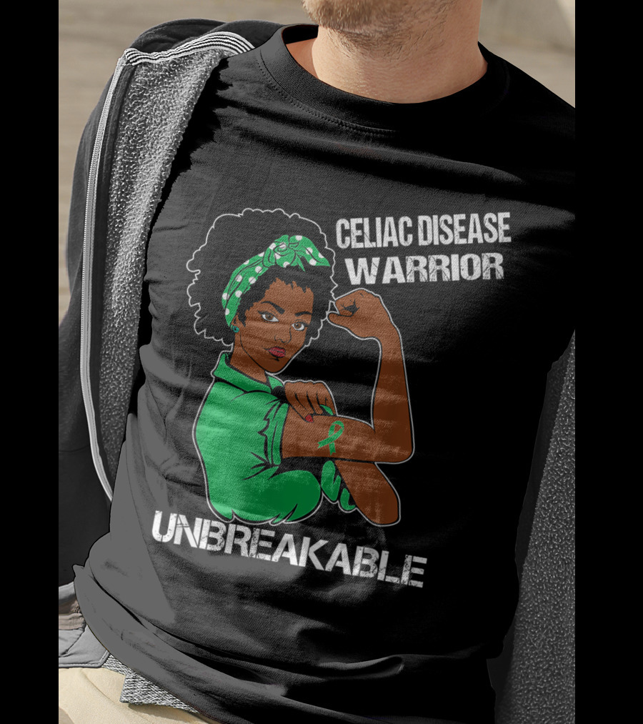 Celiac Disease Warrior Unbreakable With Empowering Arm Pose And Green Awareness T-Shirt